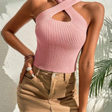 Heart Criss Cross Ribbed Knit Sleeveless Halter Top