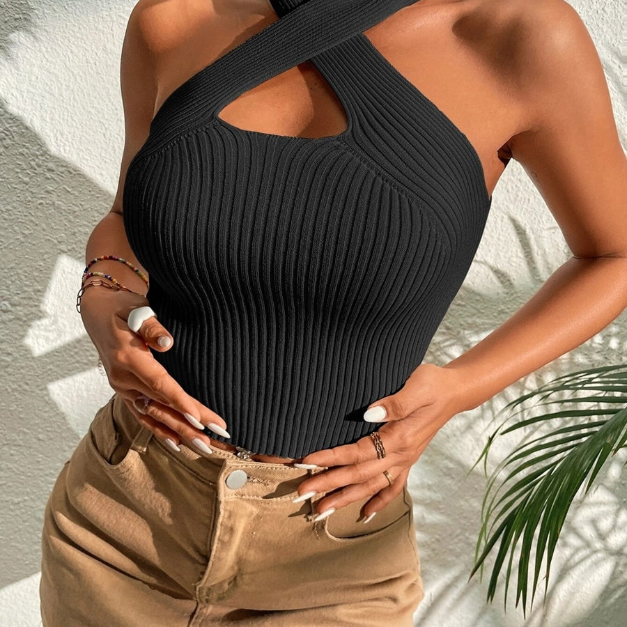 Heart Criss Cross Ribbed Knit Sleeveless Halter Top
