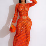 Shinny Sequined Knitted Long Dress  Hollow Out See Through Club Beach Cover Maxi