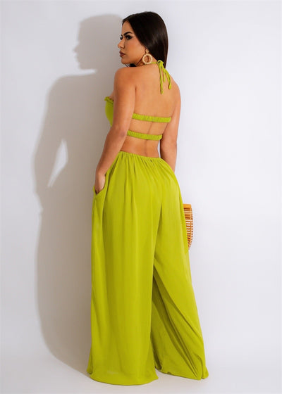Solid Ruffles Halter Loose  Strapless Lace Up Backless  Overalls Wide Leg Pants