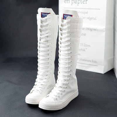 Canvas Casual High Top Shoes Long Boots Lace-Up Zipper  Flat Boots Sneakers