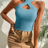 Heart Criss Cross Ribbed Knit Sleeveless Halter Top