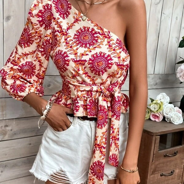 Women's Summer Mandala Print One Shoulder Balloon Sleeve Shirt