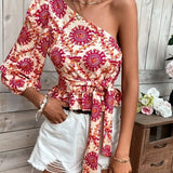 Women's Summer Mandala Print One Shoulder Balloon Sleeve Shirt
