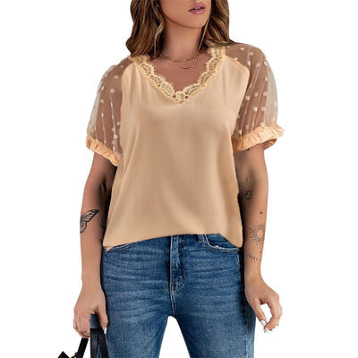 Lace Short-sleeved V-neck Pullover T-shirt