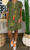 V-Neck Cotton And Linen Printed Short-Sleeved Pullover Loose Dress