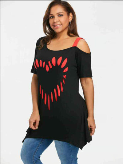 Heart-shaped Print  Shoulder Sling  Loose T-shirt