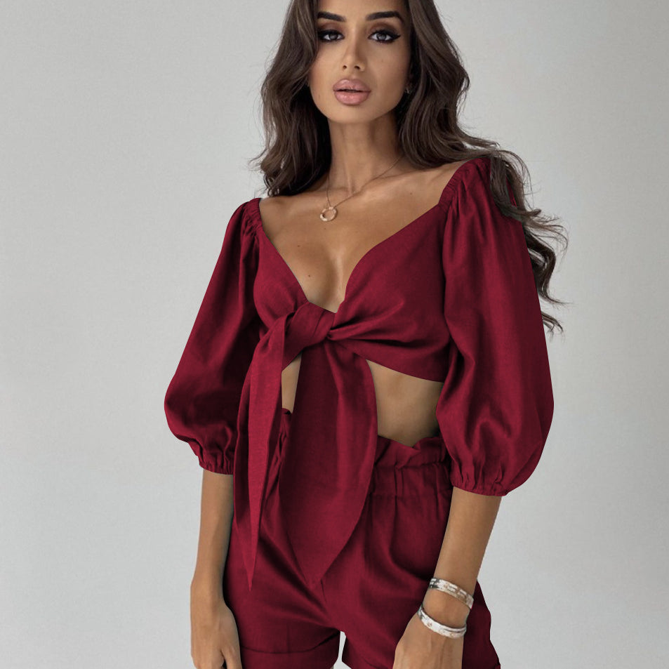 Two Piece Balloon Sleeve Cardigan Casual Shorts