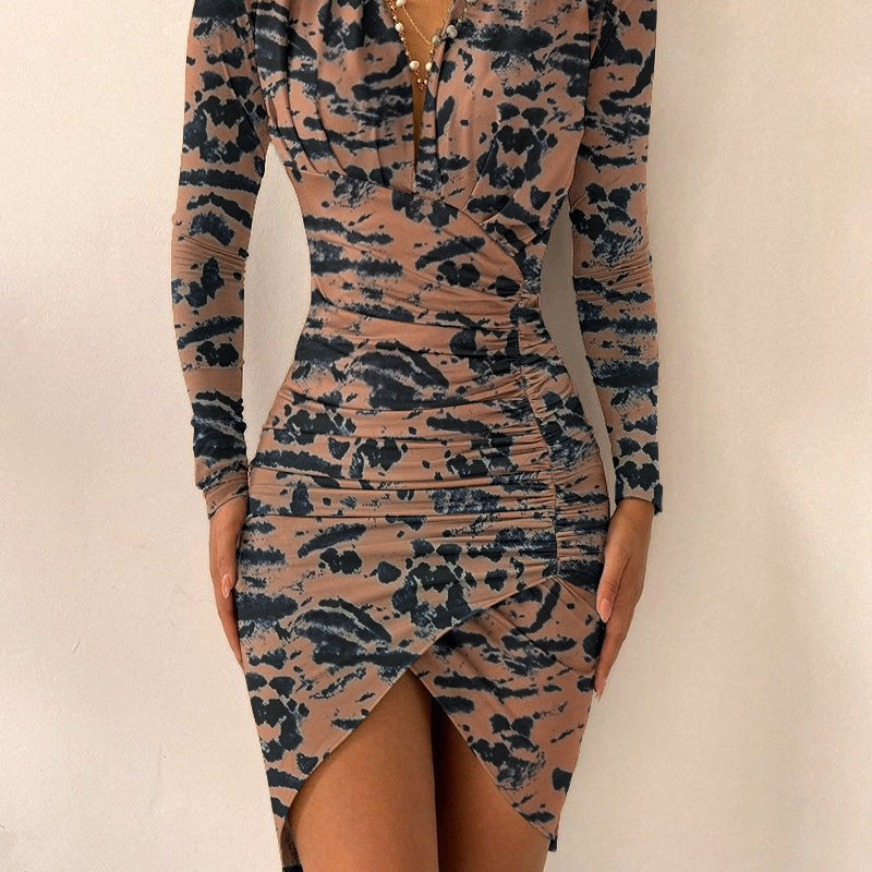 Long Sleeve V Neck Printed Tight Split Dress