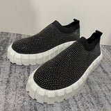 Sneakers Thick Bottom Rhinestones Solid Color Mesh Casual Shoes