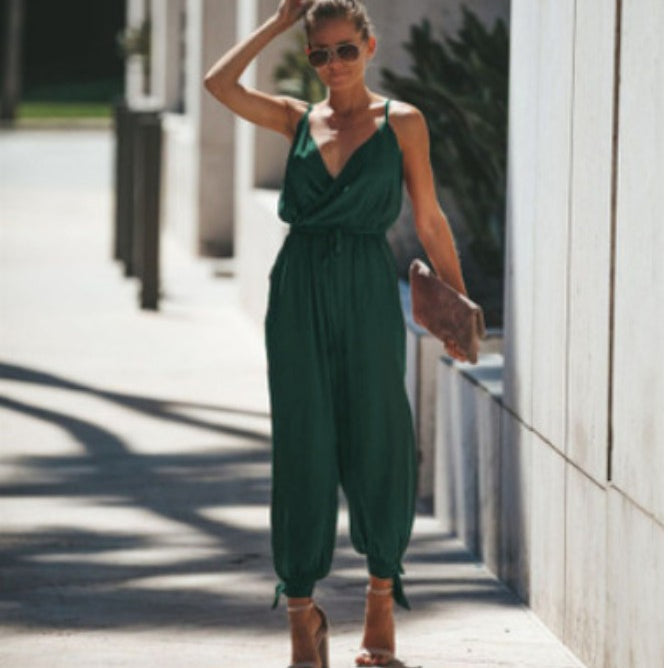 Printed sexy backless tether pocket sling V-neck female jumpsuit