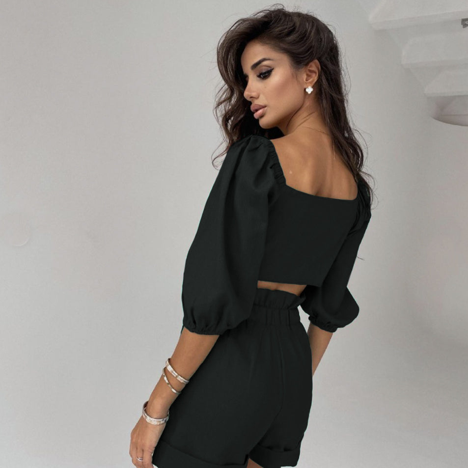 Two Piece Balloon Sleeve Cardigan Casual Shorts