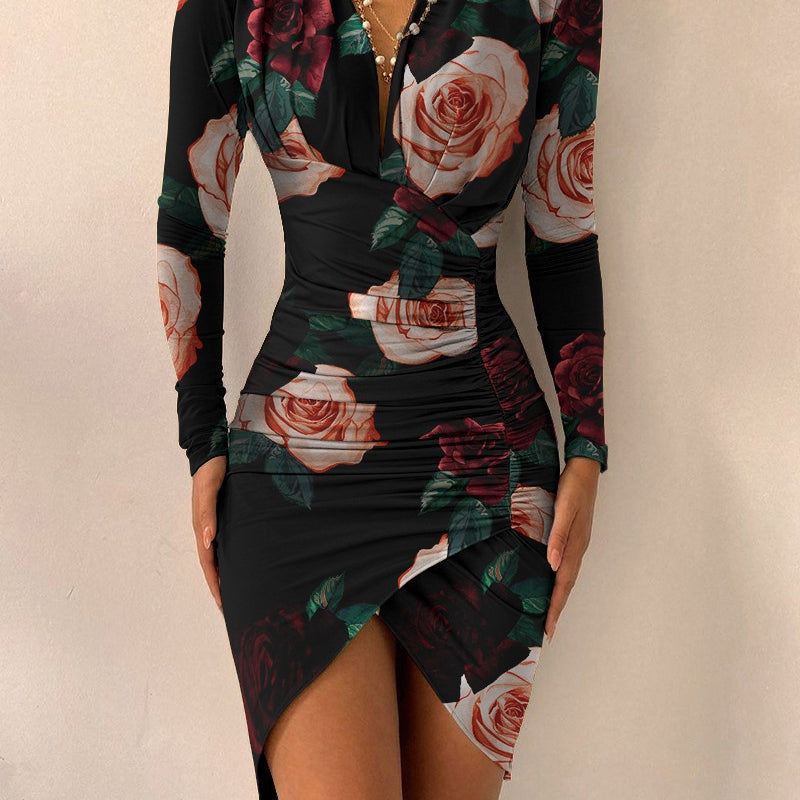 Long Sleeve V Neck Printed Tight Split Dress