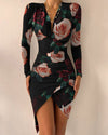 Long Sleeve V Neck Printed Tight Split Dress