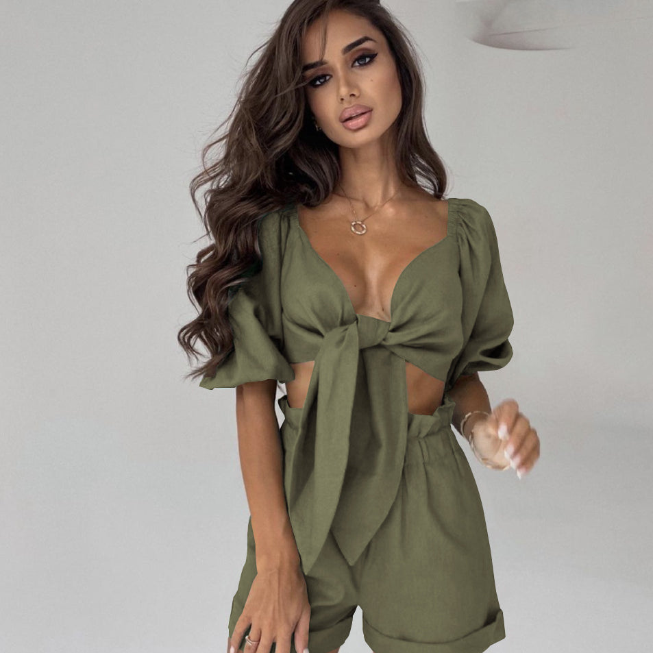 Two Piece Balloon Sleeve Cardigan Casual Shorts