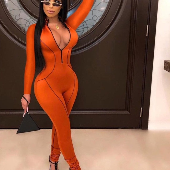 Kliou Orange Bodycon Jumpsuit Turtleneck Bodysuit