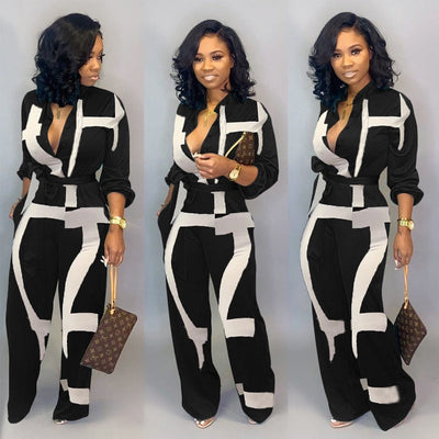 Black and White Jumpsuit for Women Button up Romper New Fashion With Pockets Tie up One-piece Pants loose 2021