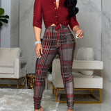 Women Long Sleeve Button Down Shirt Plaid Pants Set