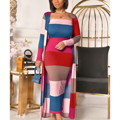 Solid Tube Dress With Longline Coat Two Piece Set Casual Daily Outfits