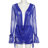 V Neck Flare Long Sleeve Drawstring Bandage Mini Skirt