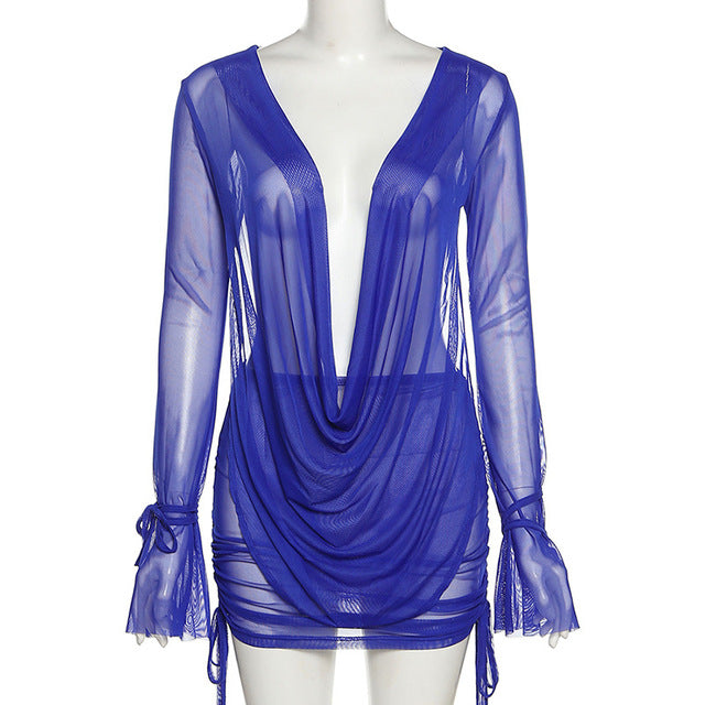 V Neck Flare Long Sleeve Drawstring Bandage Mini Skirt