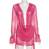 V Neck Flare Long Sleeve Drawstring Bandage Mini Skirt