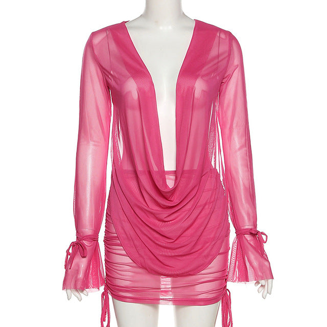 V Neck Flare Long Sleeve Drawstring Bandage Mini Skirt
