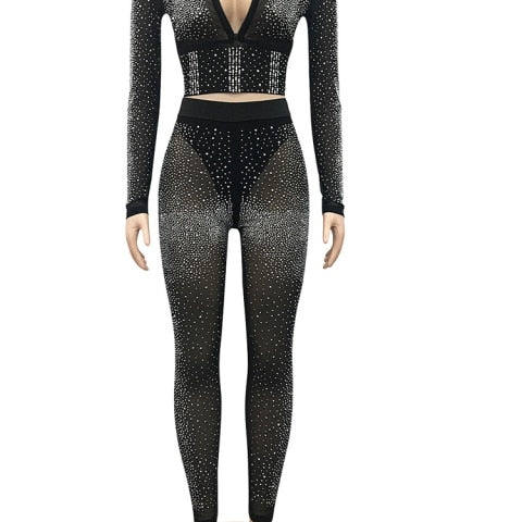 Rhinestone Studded Crop Top And Legging Mesh