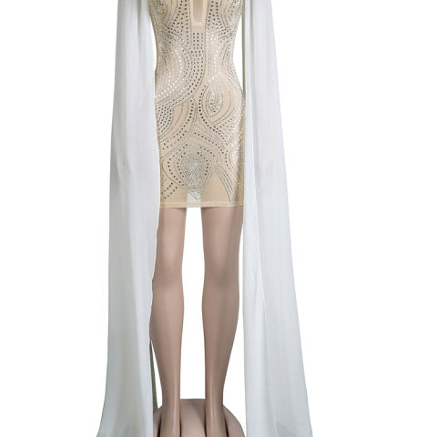Flare Cape Sleeve Mesh Crystal Dress Sparkle See Through