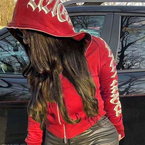 Winter Letter Printed Zip Up Hoodie