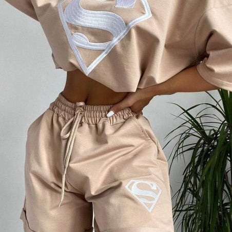 Two-piece Tops Sports And Leisure Elastic Shorts Sweater Suit Woman Clothing