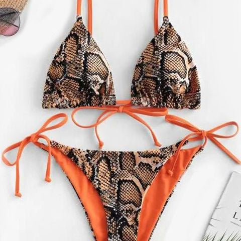 Snake Print Bikin Women Lace Up Thong Swimsuit Girl Bathing Suit Swim