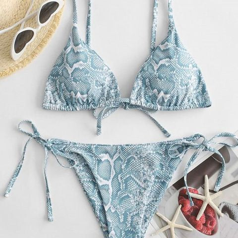 Snake Print Bikin Women Lace Up Thong Swimsuit Girl Bathing Suit Swim